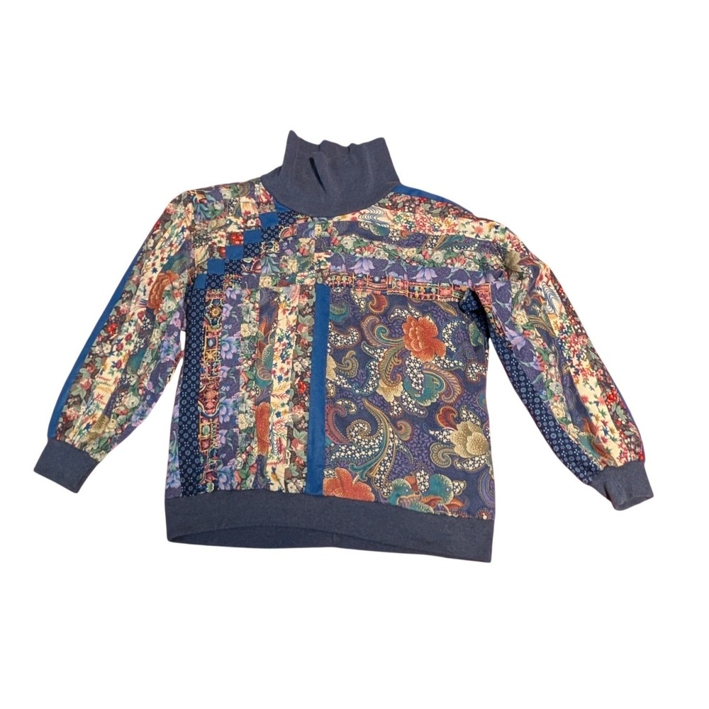 VTG Handmade Patchwork Mock Neck Top Floral Paisley Blue Boho Pullover Cottage